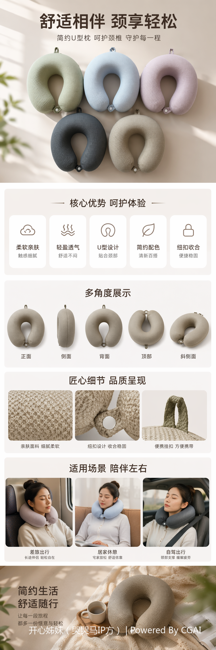 灯笼格圆五色旅行U型枕 舒适脖枕 U形枕 人体工学设计详情1
