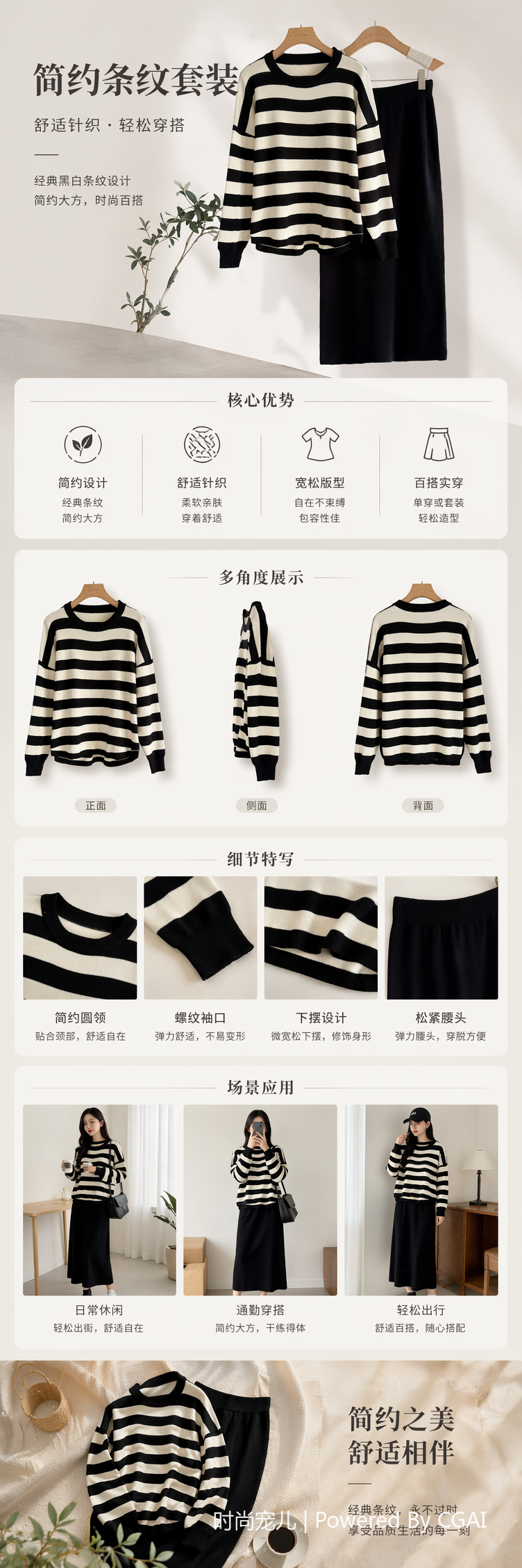 跨境秋冬新款女装时尚长袖T恤+高腰半身裙针织两件套条纹套装112829430详情2