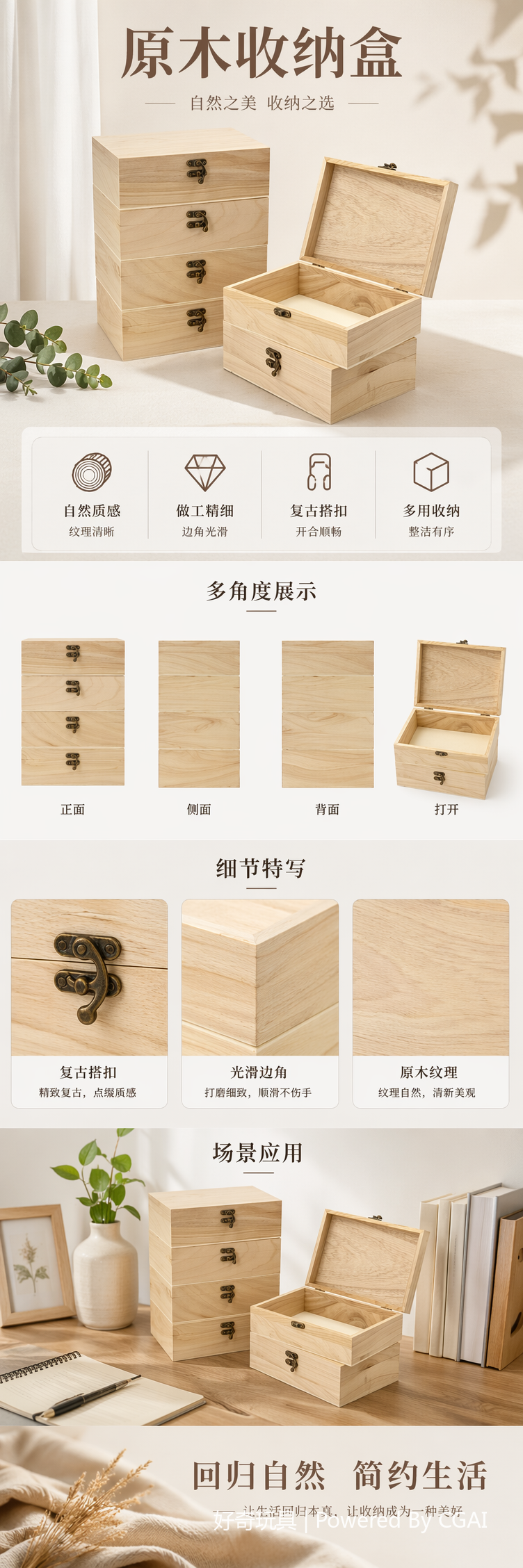 浅色木制滑盖收纳盒其他收纳用品简约整理盒详情1