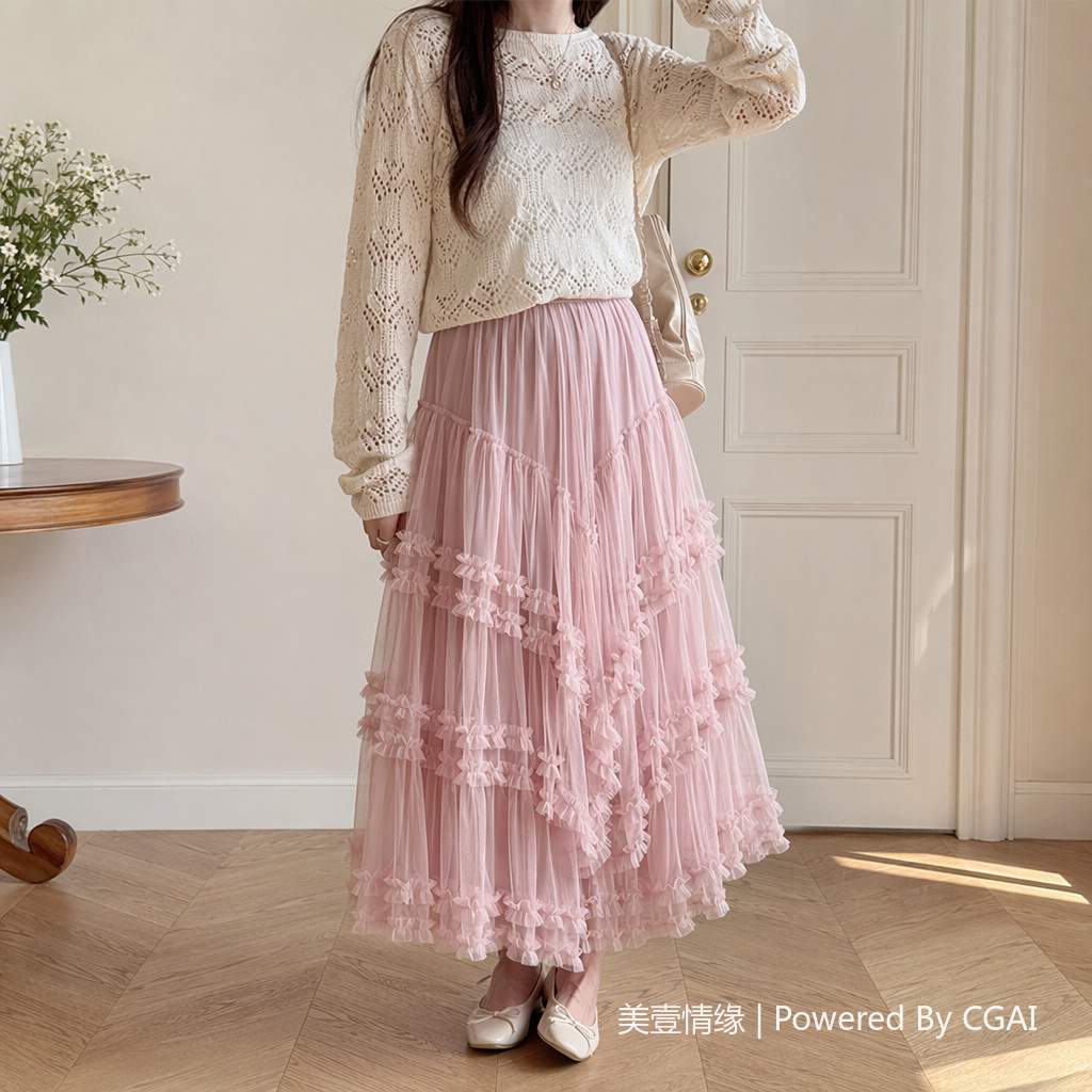小众仙女氛围感长裙韩系简约网纱拼接层层蛋糕叠穿半身裙100536657