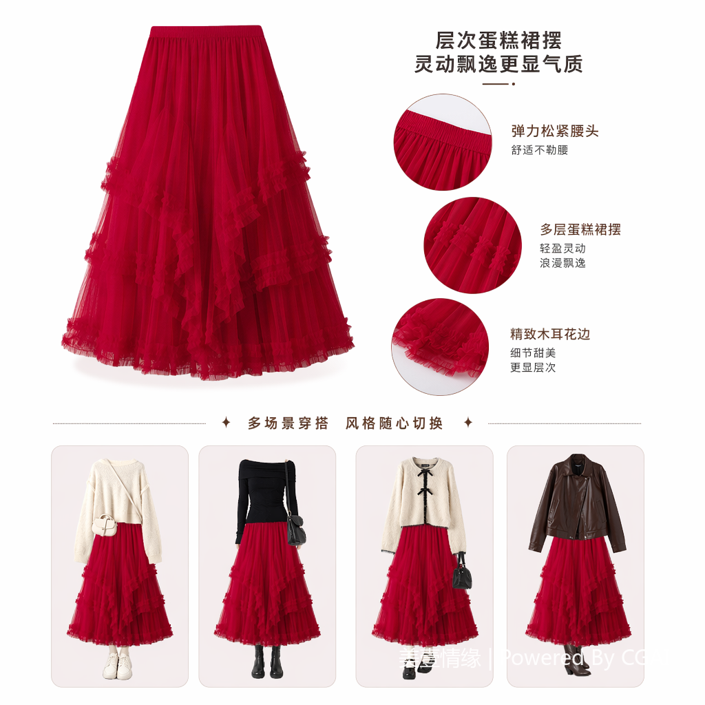 A small and elegant fairy-like long dress with a simple Korean-style mesh fabric splicing layer by layer and cake layering. 094955082 Specification image