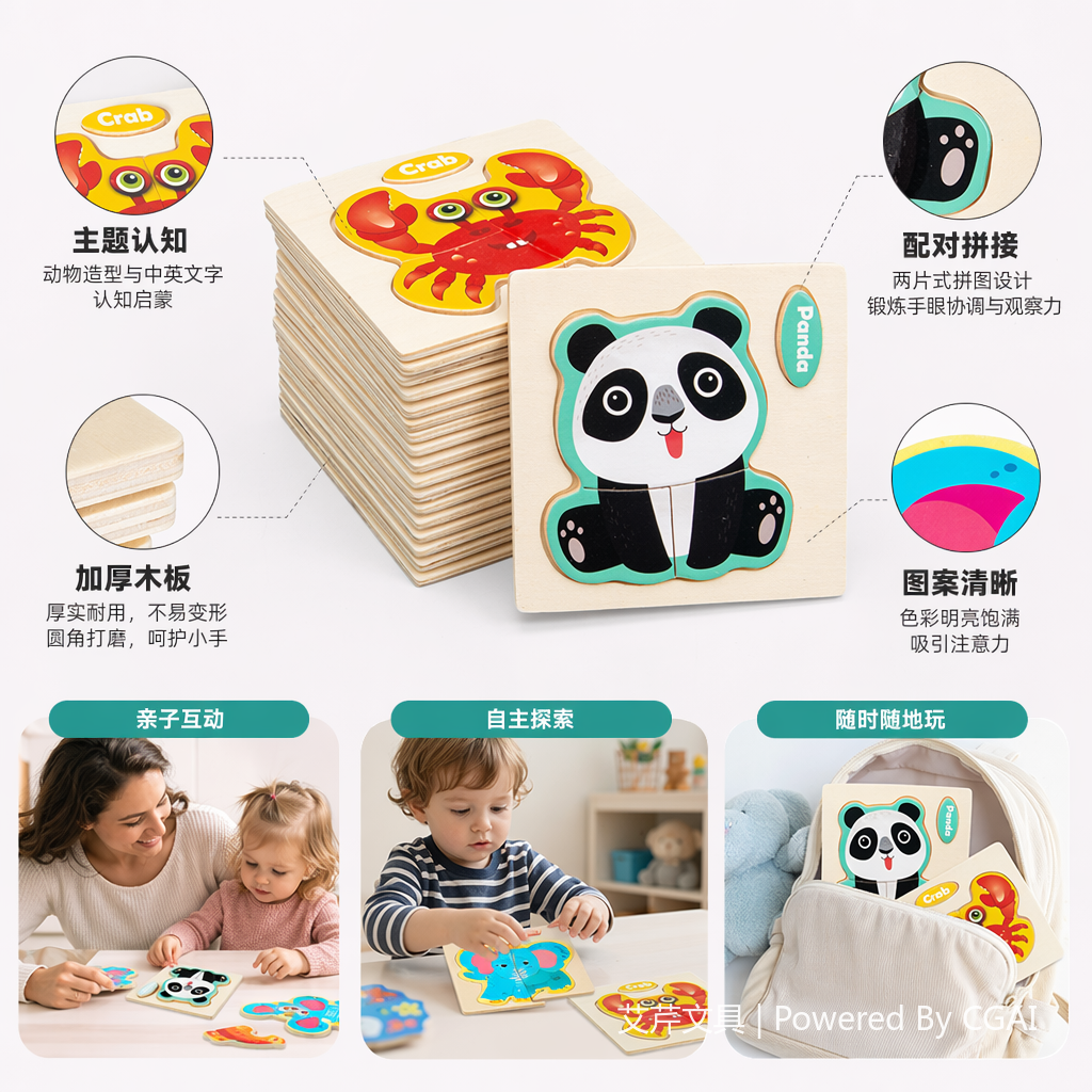 彩色木质动物造型拼图玩具 熊猫螃蟹马大象1000片拼豆融合豆