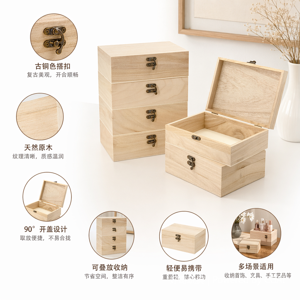 浅色木制滑盖收纳盒其他收纳用品简约整理盒图