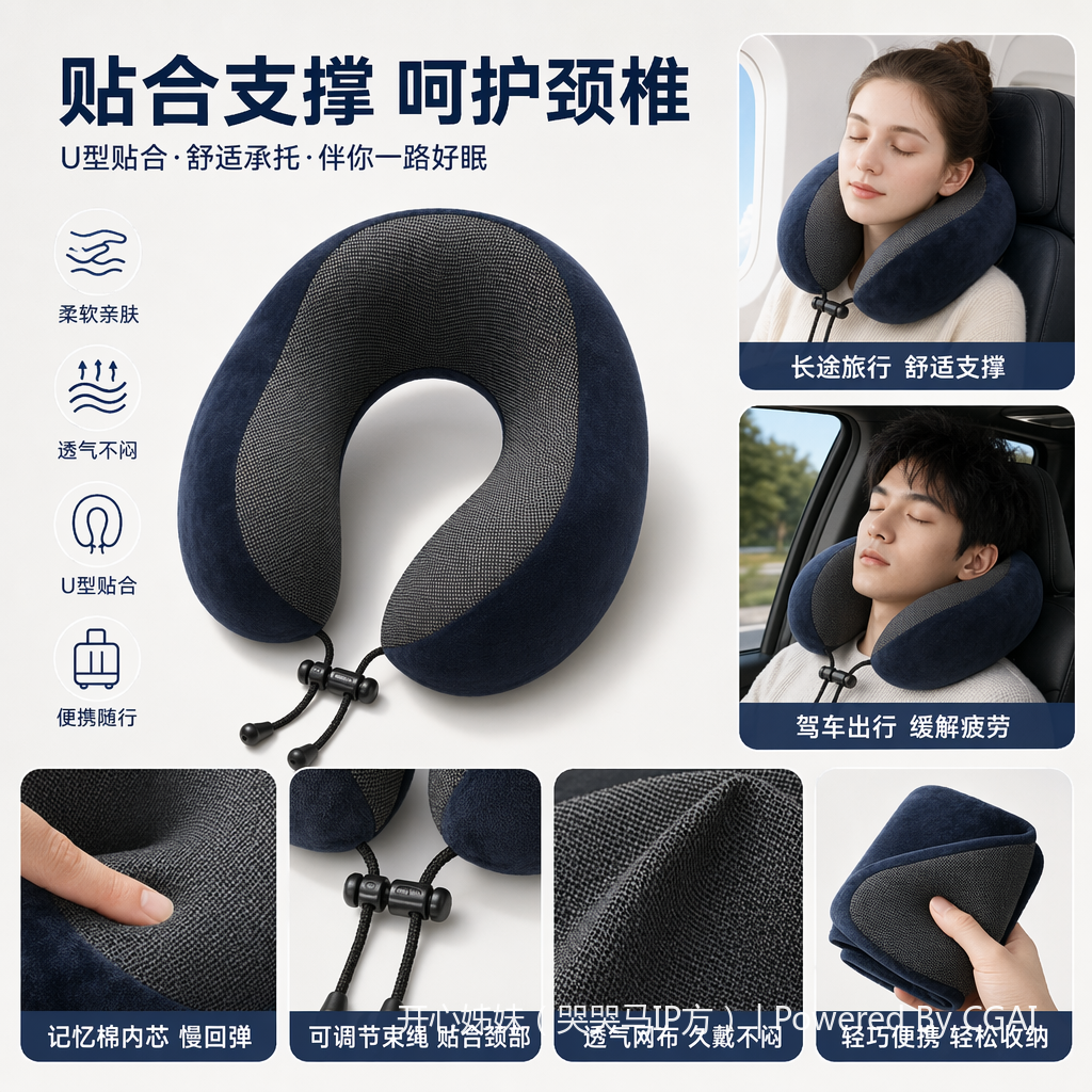 异型氨纶+磁疗彩色U型枕 旅行脖枕 记忆棉U形枕 舒适支撑颈椎