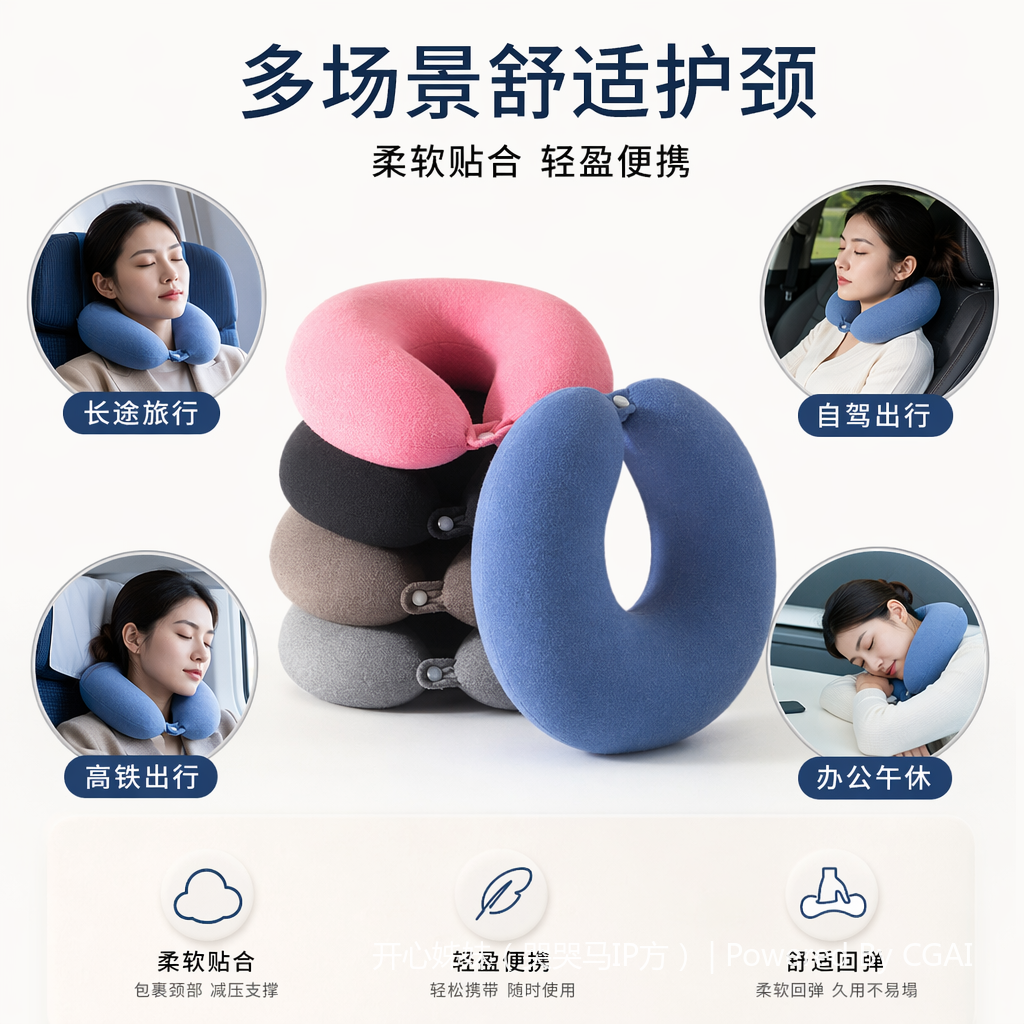 阳离子圆彩色U型旅行脖枕 人体工学U形枕 舒适支撑颈枕图