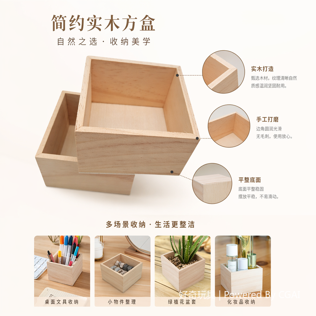 高档浅色木质方形木盒定制首饰盒木盘子