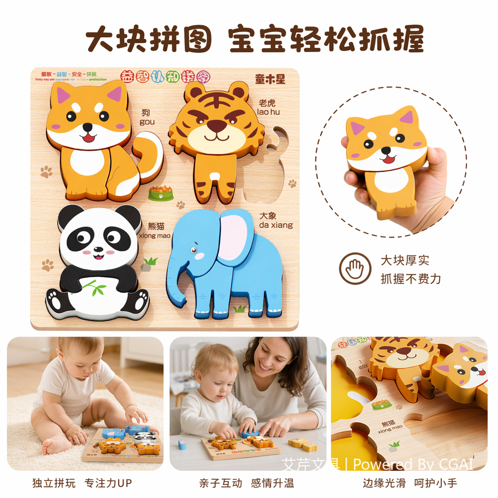 木质早教动物拼图板加拼豆融合豆1000片拼图积木