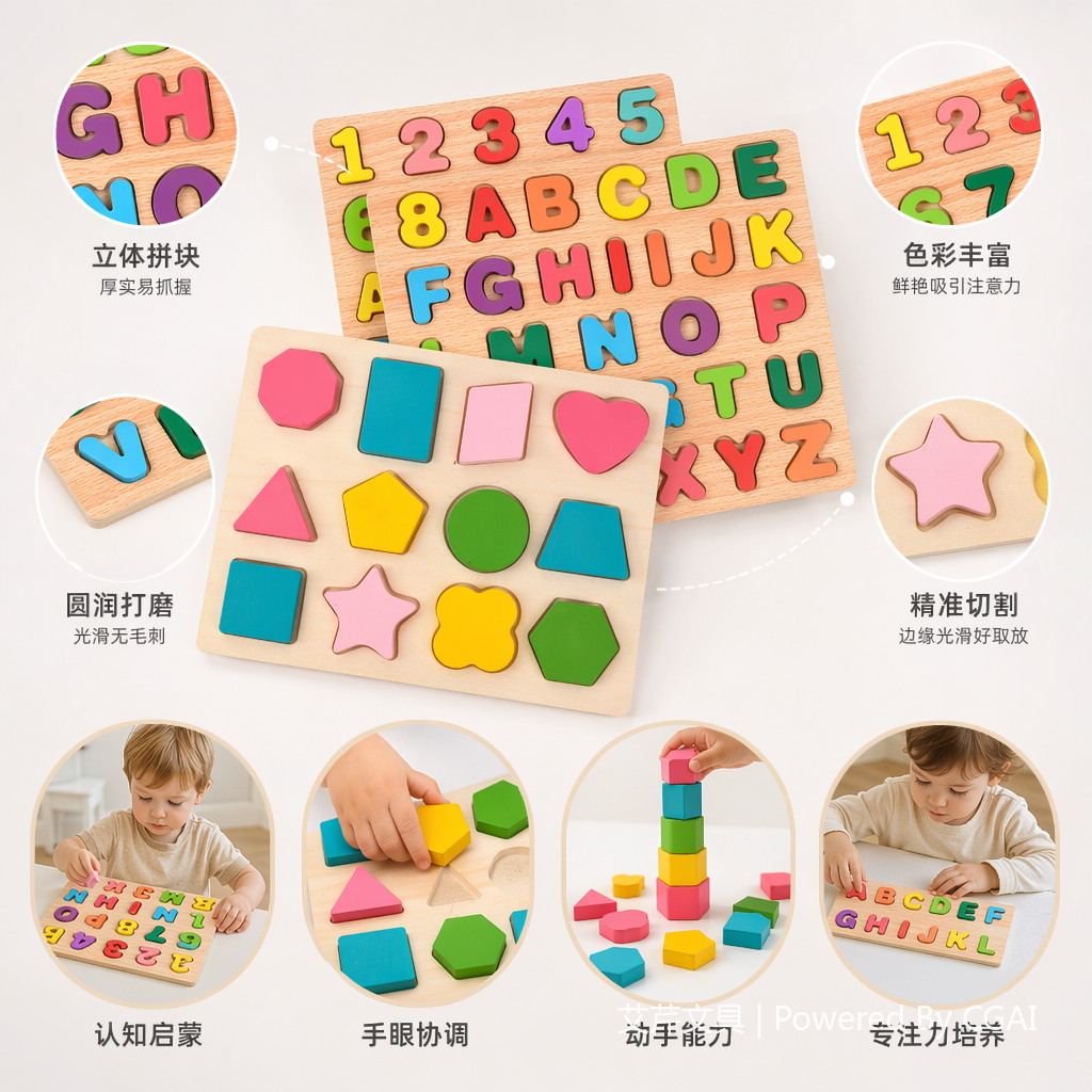 彩色木质字母数字拼图板及形状配对玩具 其他形状认知益智玩具