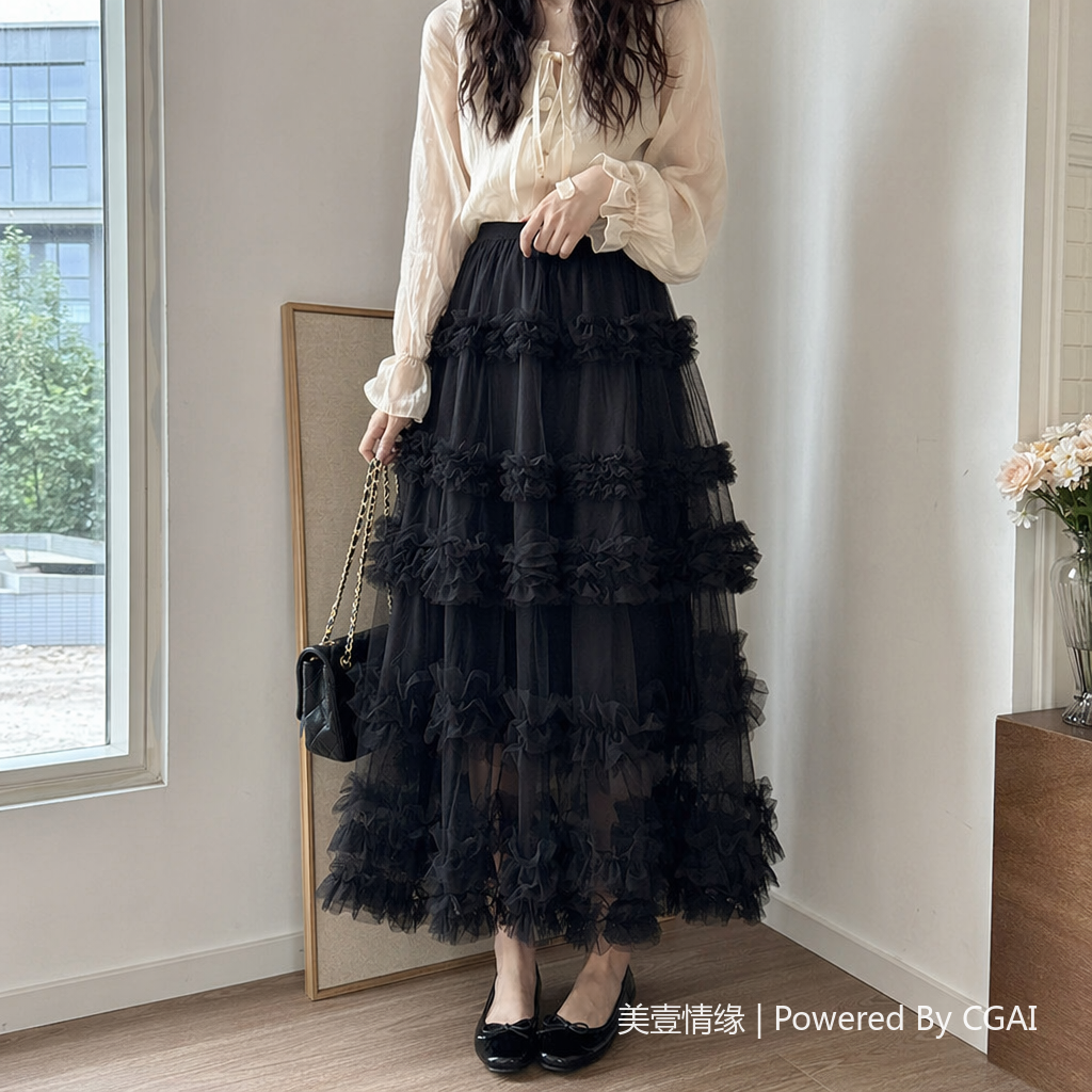 A small and elegant fairy-like long dress with a simple Korean-style mesh fabric patchwork and layers of cake layering. 093049252