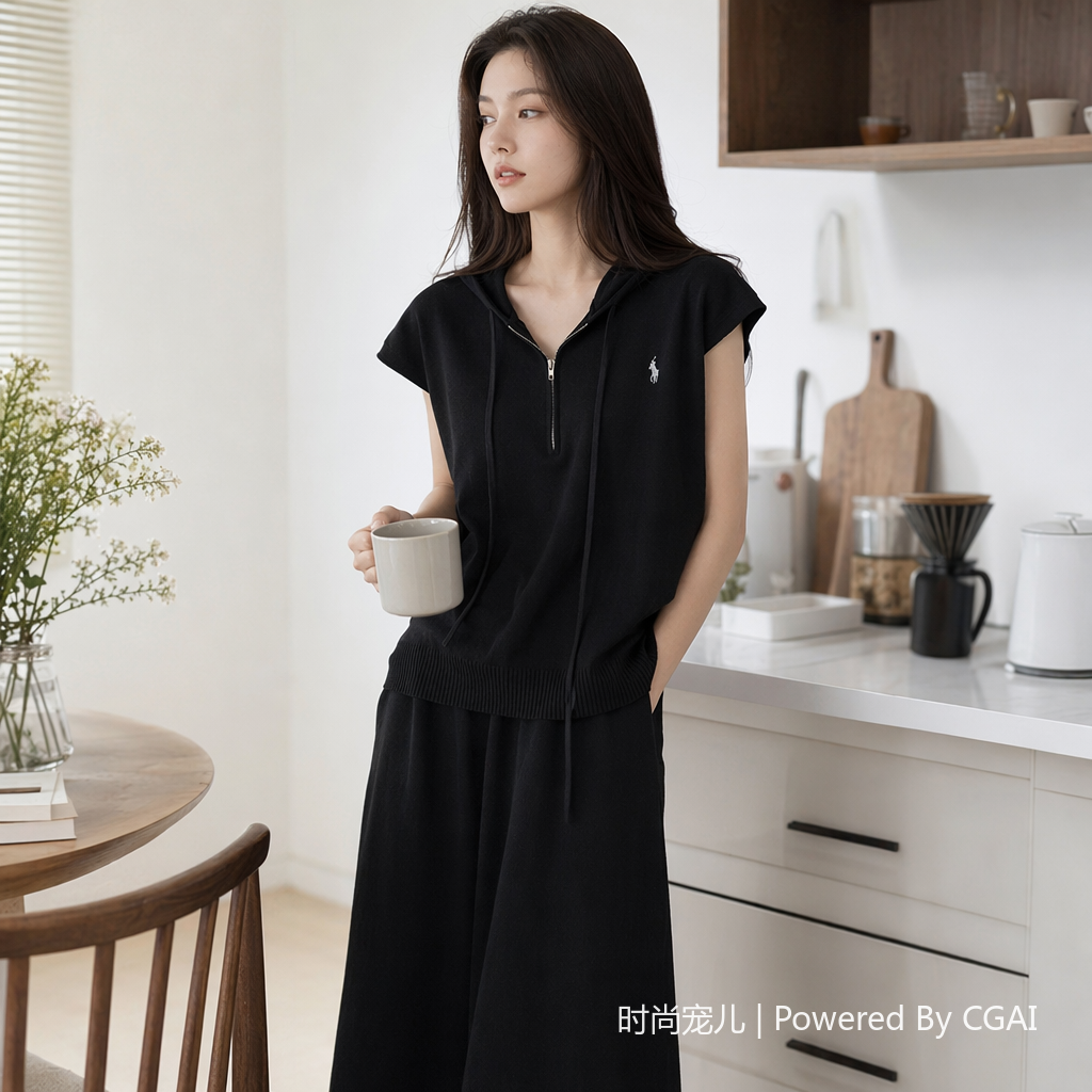2026年夏季新款纯色连帽无袖背心时尚套装宽松休闲针织两件套女装图