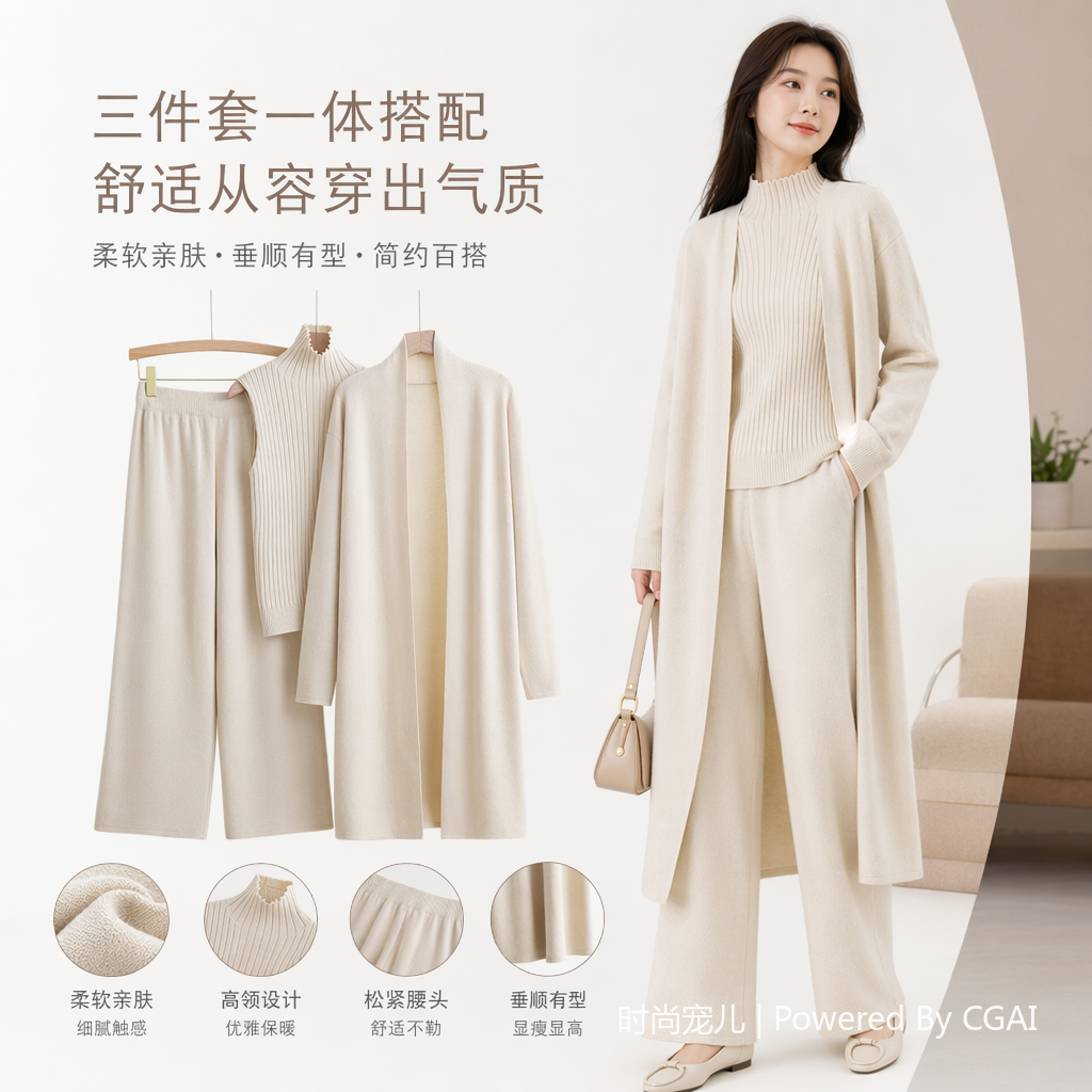 欧美洋气纯色休闲套装女披肩外套+V领打底针织衫+阔腿长裤三件套