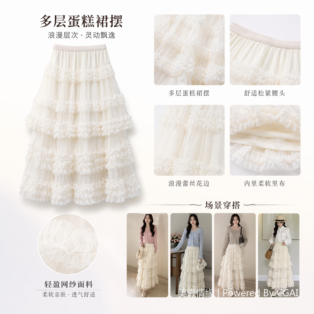 A small and elegant fairy-like long dress with a simple Korean-style mesh fabric patchwork and layers of cake layering. 102454073 Specification image