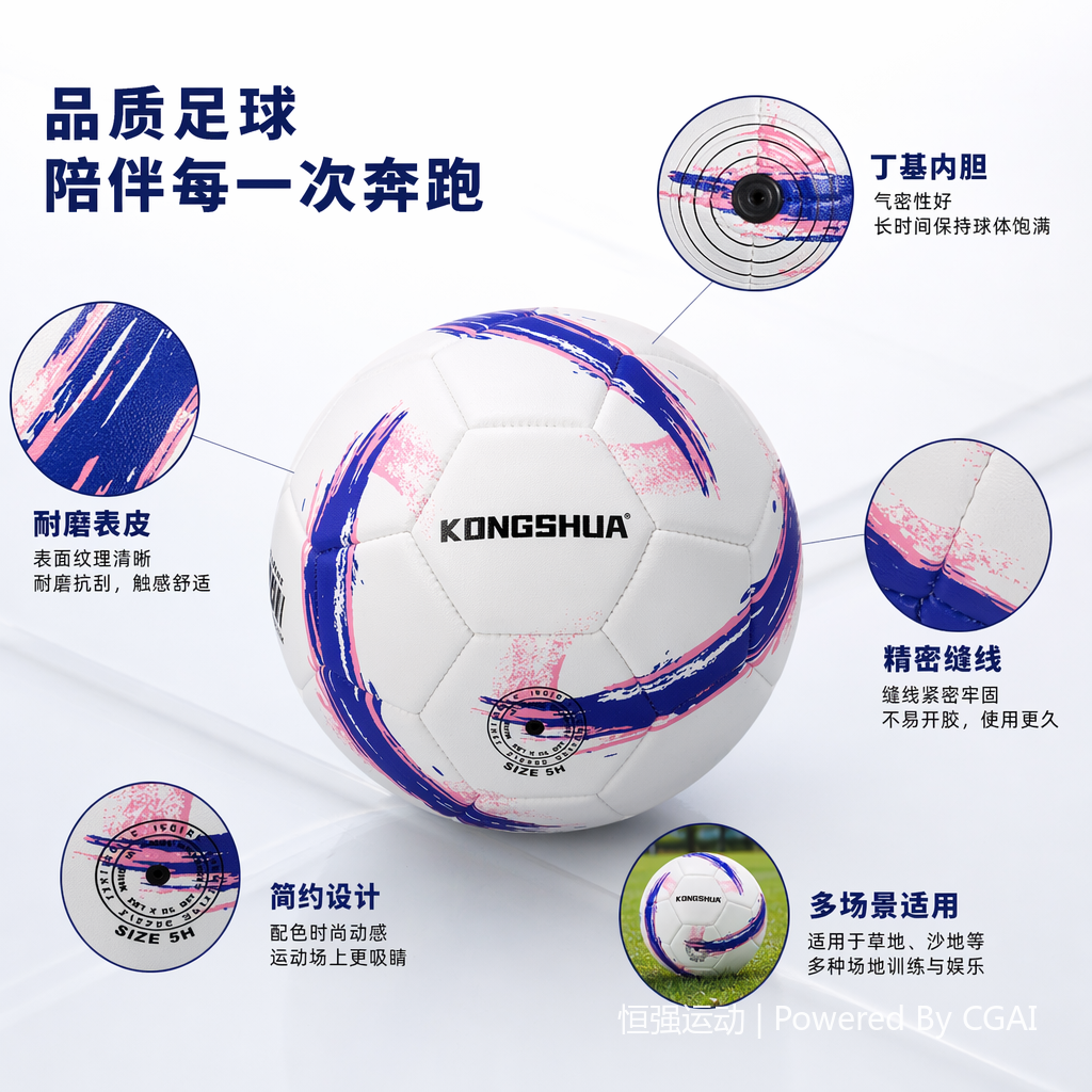 福特波白底蓝粉泼墨图案PU革橡胶足球世界杯专用