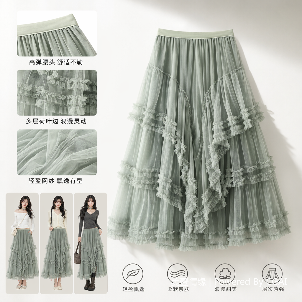 Light green multi-layered ruffled chiffon skirt, Lace body-hugging JK skirt Specification image