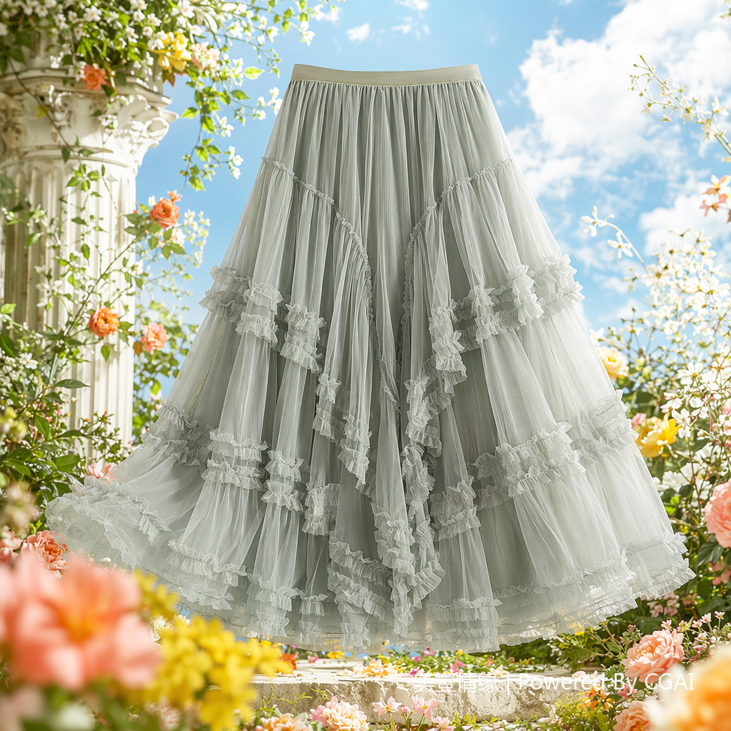Light green multi-layered ruffled chiffon skirt, Lace body-hugging JK skirt details Picture
