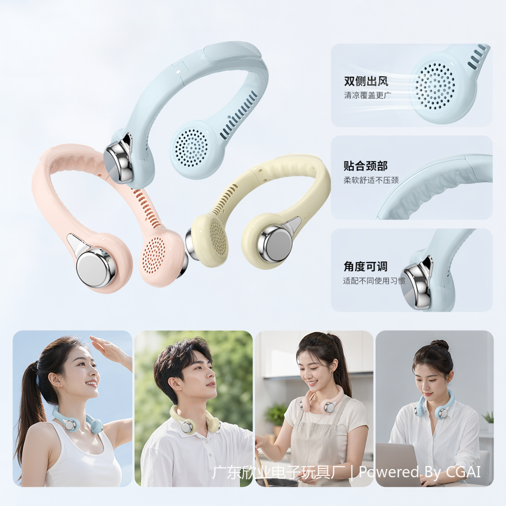 Mini electric fan neck pendant, light blue, pink, beige handheld small fan, outdoor portable version
