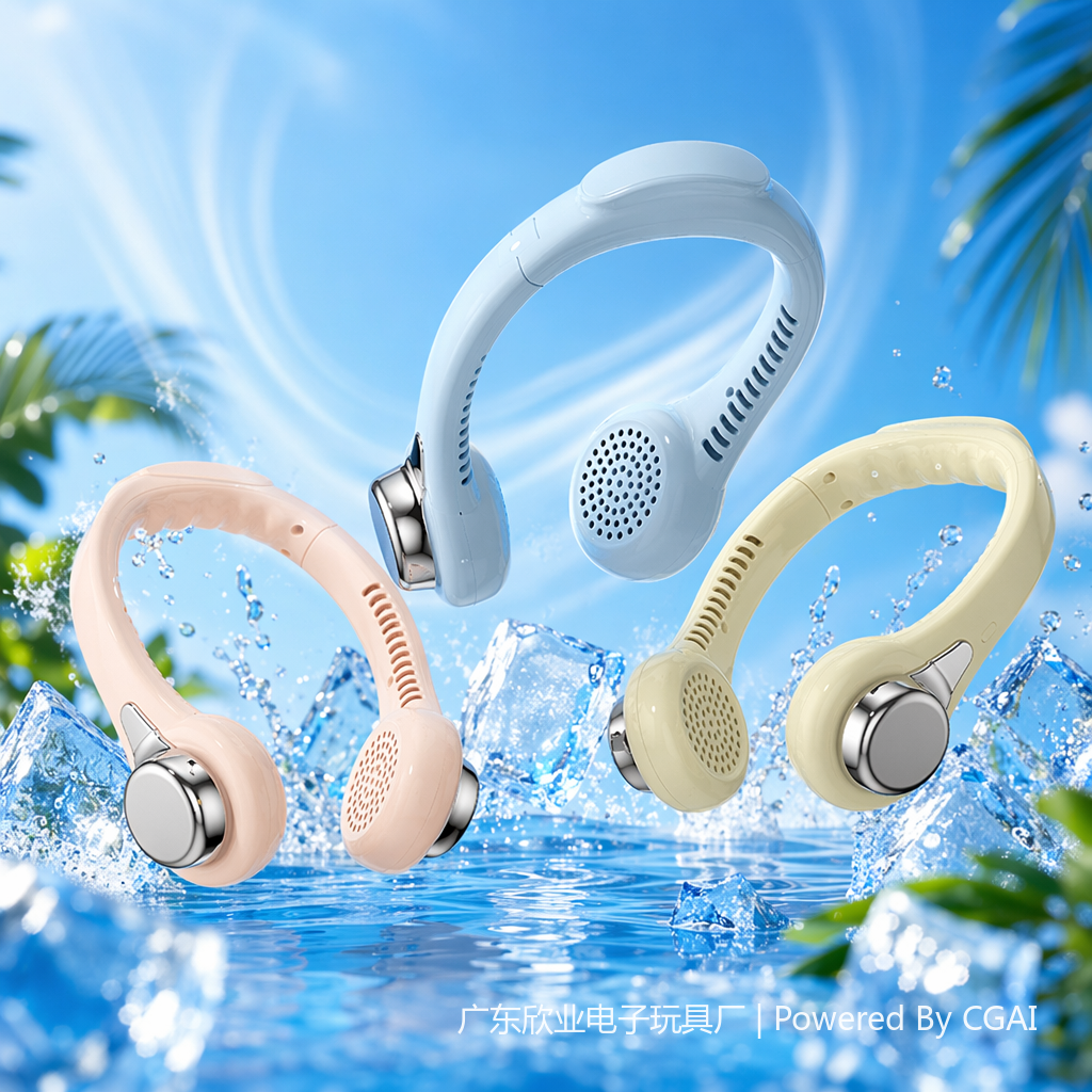 Mini electric fan neck pendant, light blue, pink, beige handheld small fan, outdoor portable version Specification image