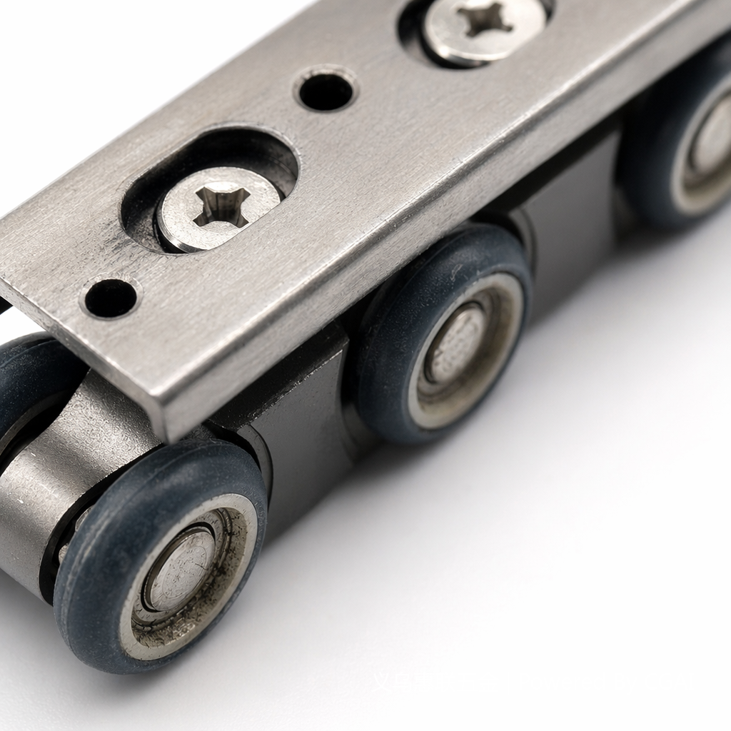 Silver metal pulley assembly with smooth shaft bearing, impeller, turquoise edge, cabinet, slide rail and welded hinges Application Scenario