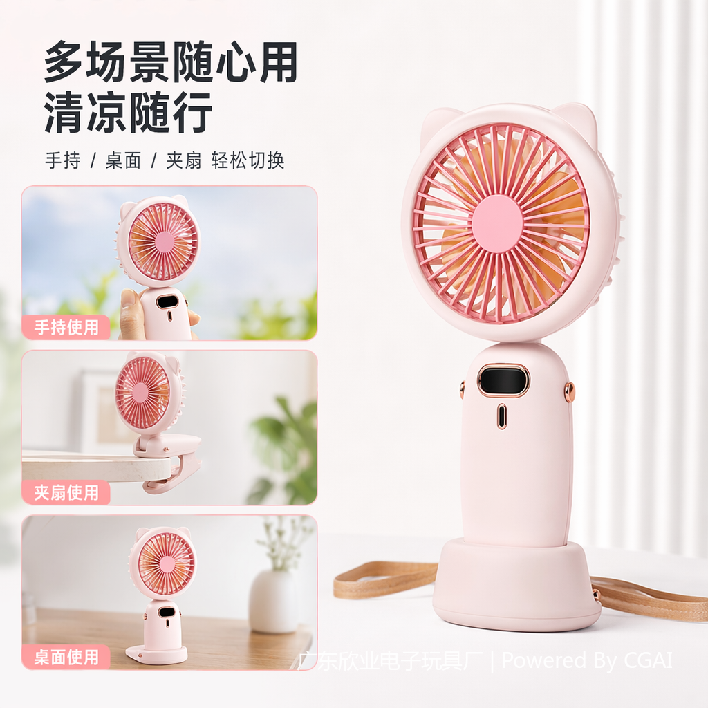 A portable summer fan with a high appearance level, featuring colorful cat ears and a handheld lanyard design