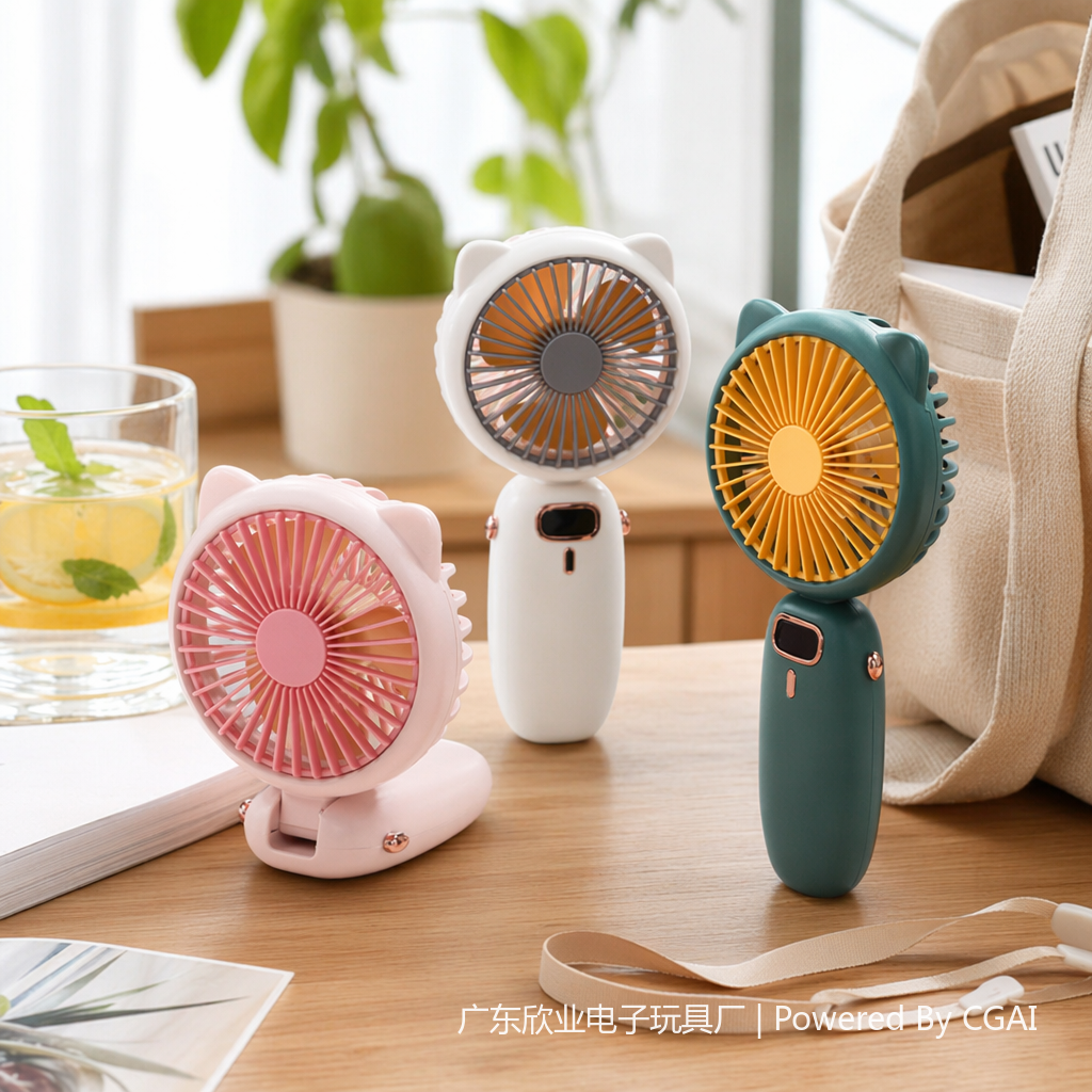A portable summer fan with a high appearance level, featuring colorful cat ears and a handheld lanyard design details Picture