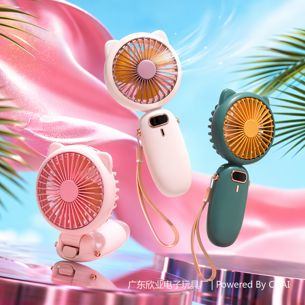 A portable summer fan with a high appearance level, featuring colorful cat ears and a handheld lanyard design Specification image