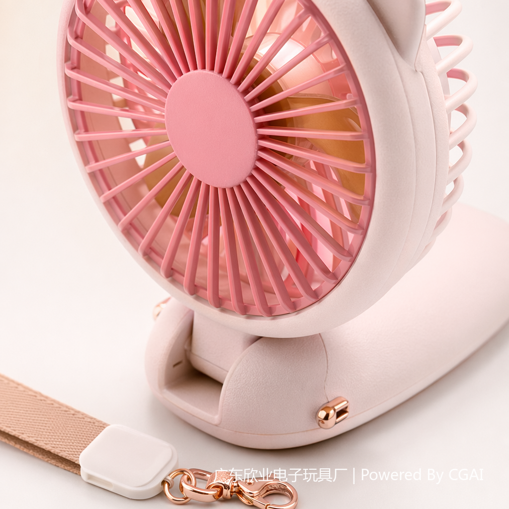 A portable summer fan with a high appearance level, featuring colorful cat ears and a handheld lanyard design Application Scenario