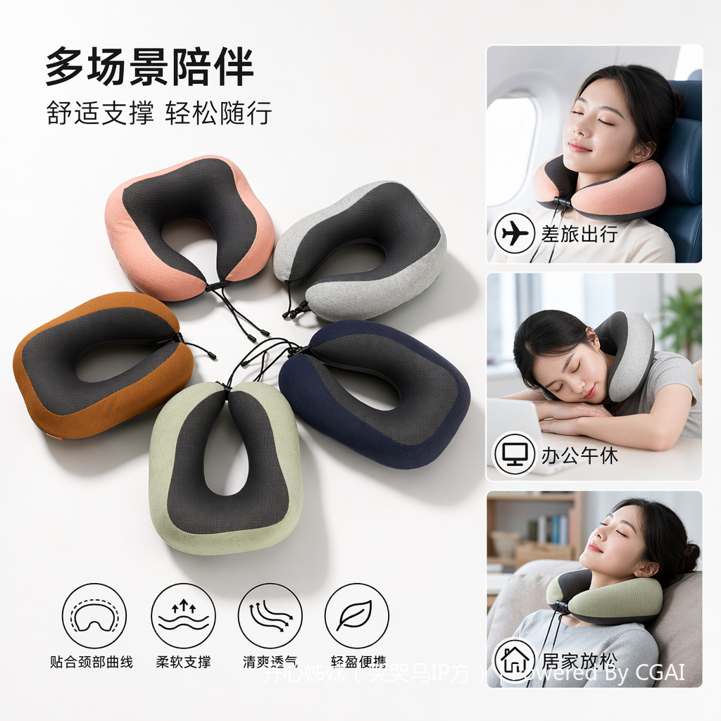 华夫格氨纶五色渐变记忆棉U型枕旅行专用脖枕 1只装