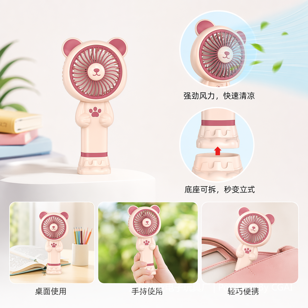 Three cartoon bear-shaped portable fans are available in pink, gray, purple, blue and white. They are decorated with paw prints and have a detachable base