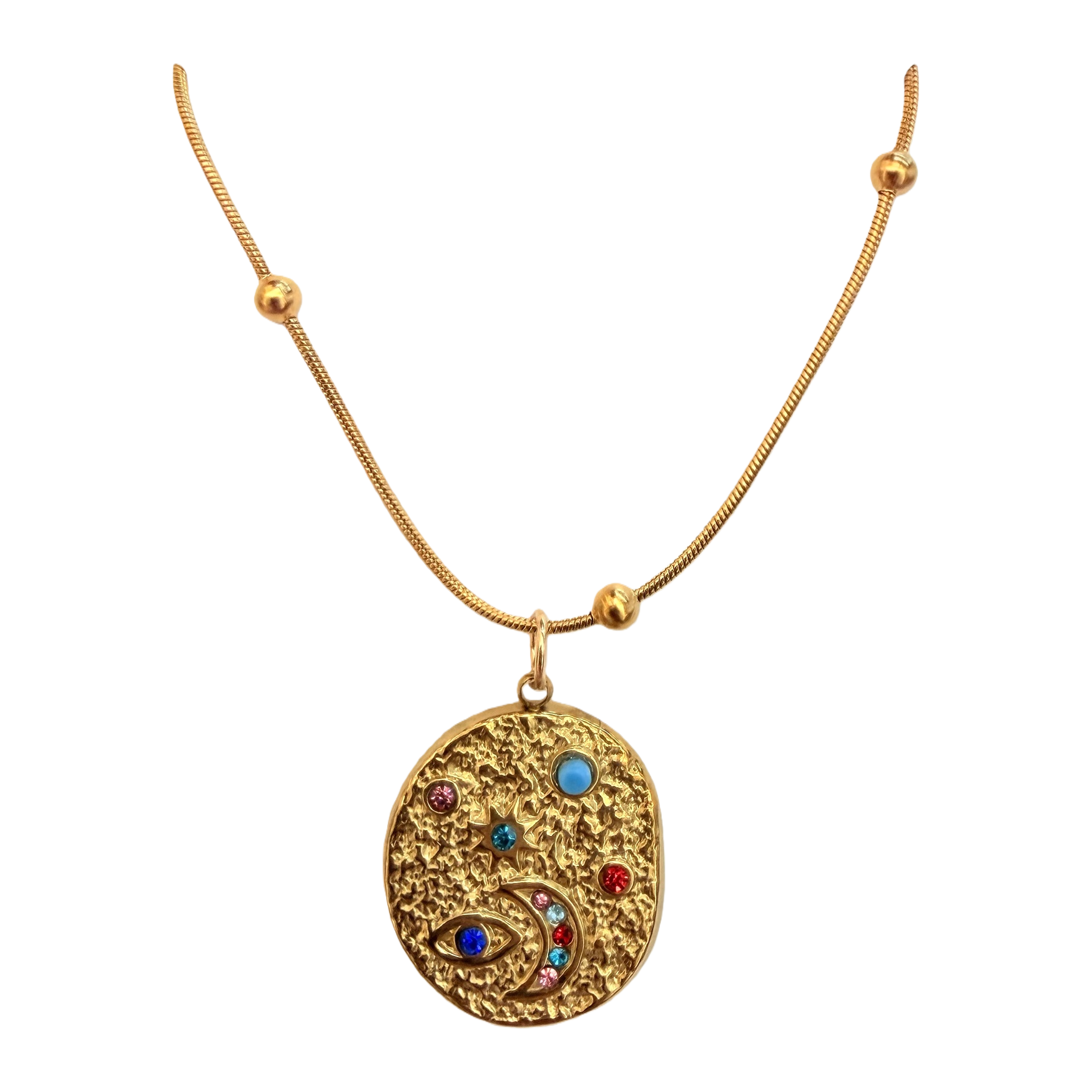 Hammered texture star and moon irregular pendant, stainless steel non-fading round bead snake bone chain, retro exotic niche, European and American personality atmosphere neckpiece Item Picture