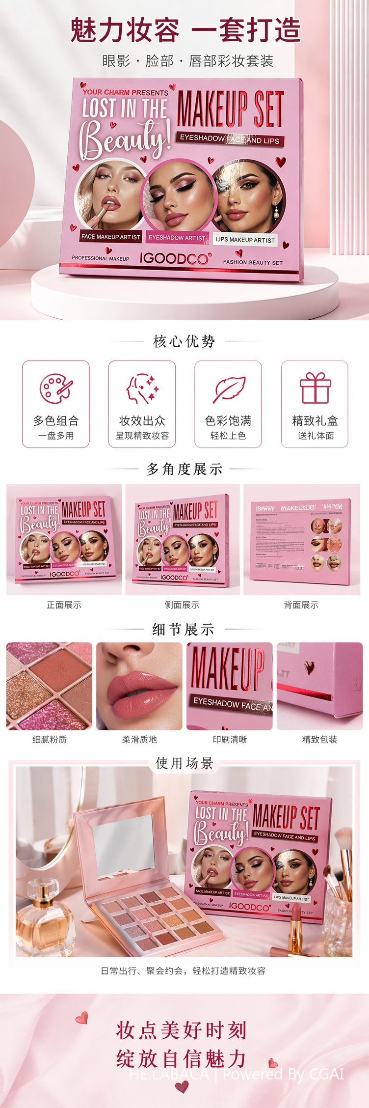 粉色化妆品包装盒套装含唇彩瓶精华瓶面膜软管详情1
