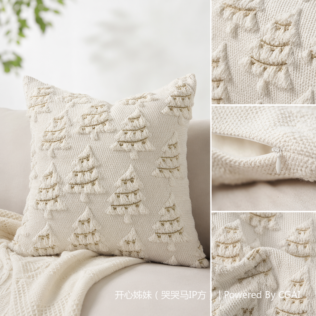 Beige Christmas tree pattern tassel tufted cushions, sofa cushions, custom-made cushions, single-sided 45*45