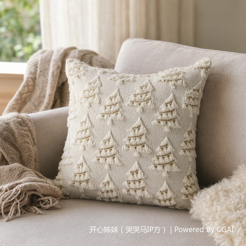 Beige Christmas tree pattern tassel tufted cushions, sofa cushions, custom-made cushions, single-sided 45*45 details Picture