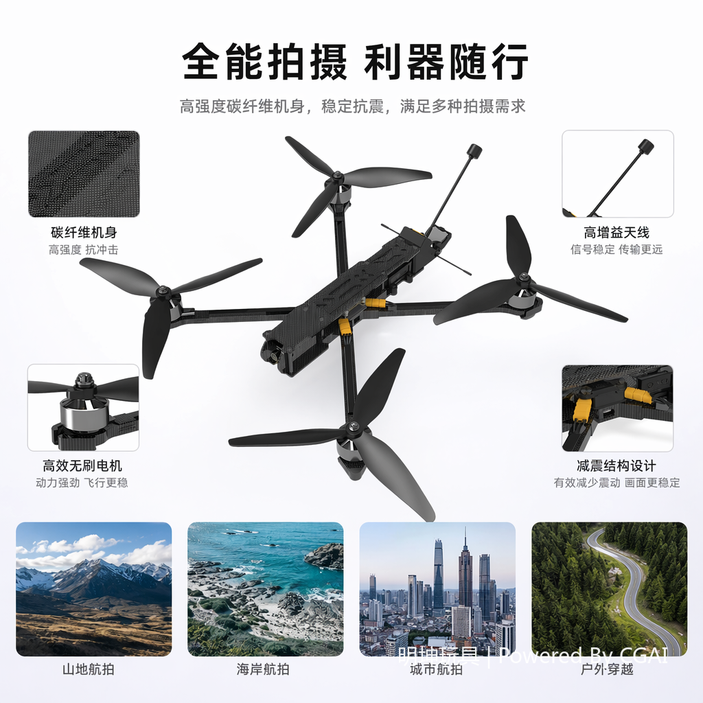 Black carbon fiber drone, with a four-axis design and high-definition camera and antenna, is a professional aerial photography tool with a strong sense of technology!