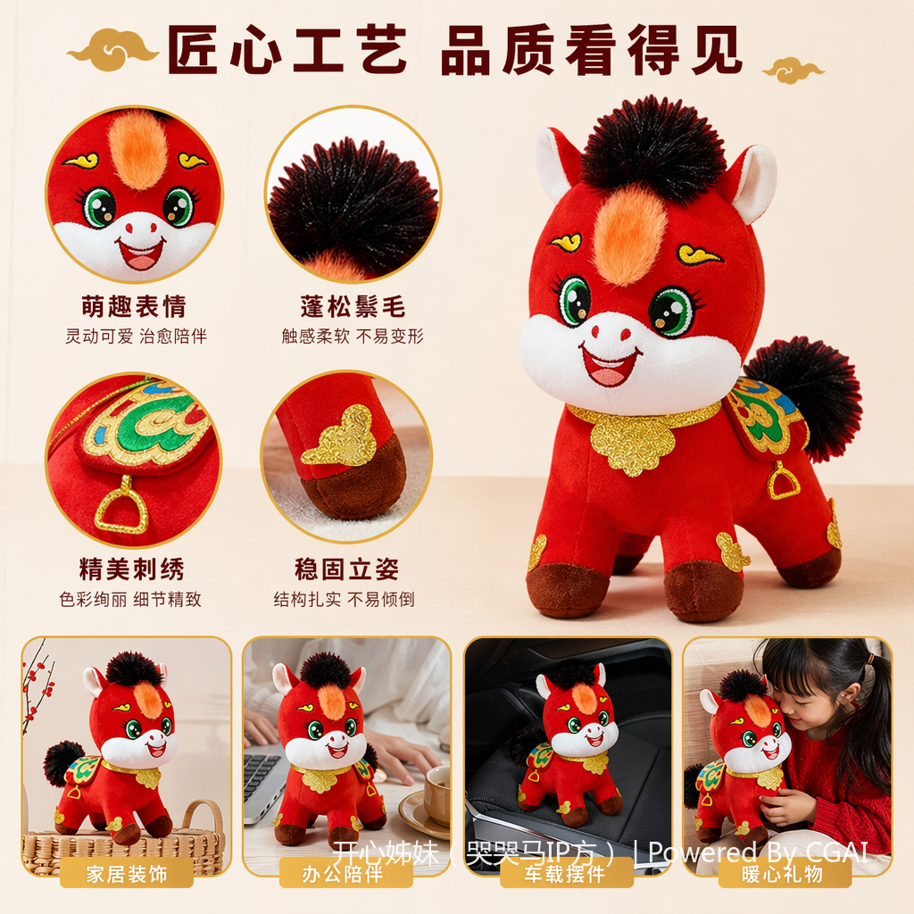 多尺寸20/25/30/40红色卡通一马当先玩偶 公仔 毛绒玩具生肖马公司年会伴手礼尺寸