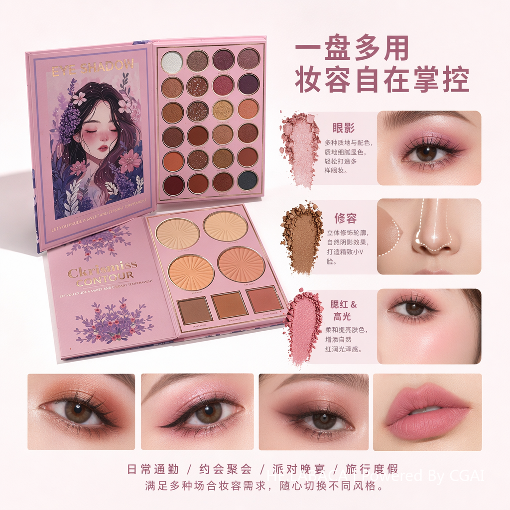 Ckrismiss紫色星空彩妆套装盒含眼影黑发女子插画紫粉花卉MAKE UP KIT图