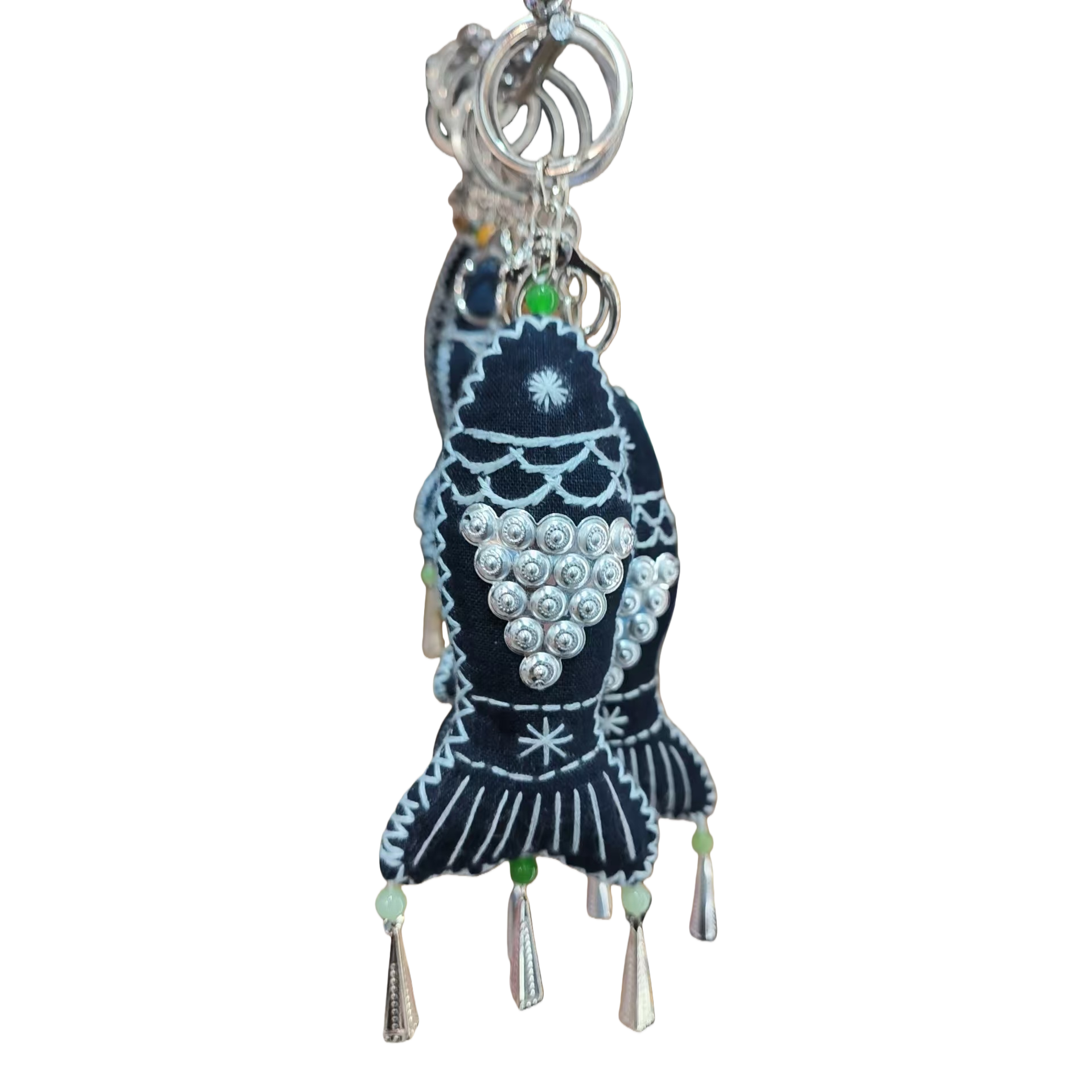 Deep blue fish-shaped embroidered pendant, double hanging palace bell pearl pendant, empty stand with mugwort inside Item Picture