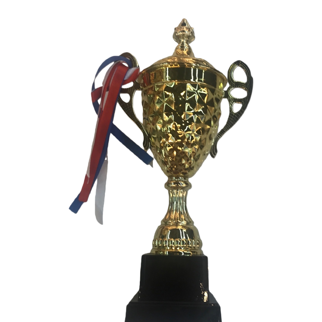 A large golden crystal trophy or medal with a plastic base Item Picture