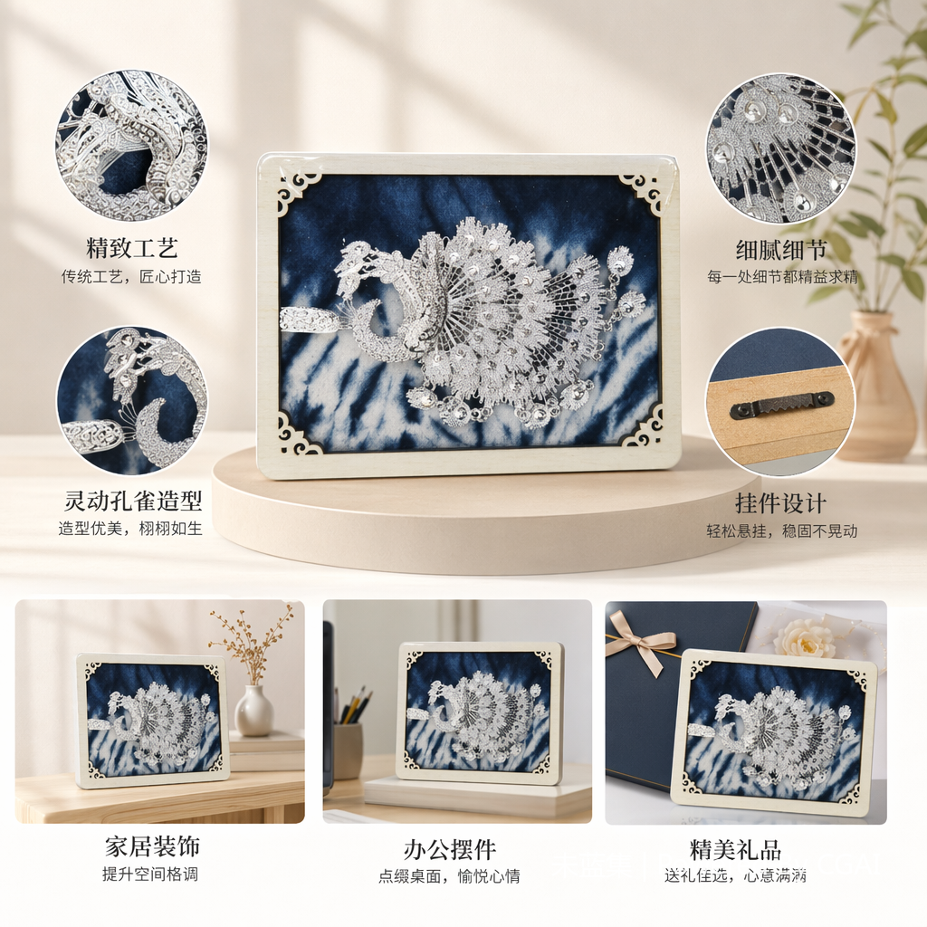 银色孔雀造型酒吧装饰摆件苗银冰箱贴