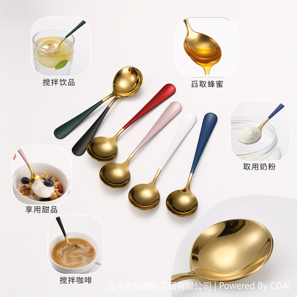 金色硅胶陶瓷调羹咖啡棒勺子套装跨境百货