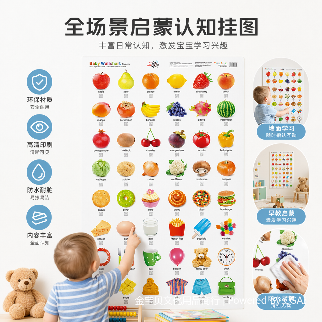 彩色水果蔬菜儿童墙贴画 墙裙浴室防水贴纸 油烟纸