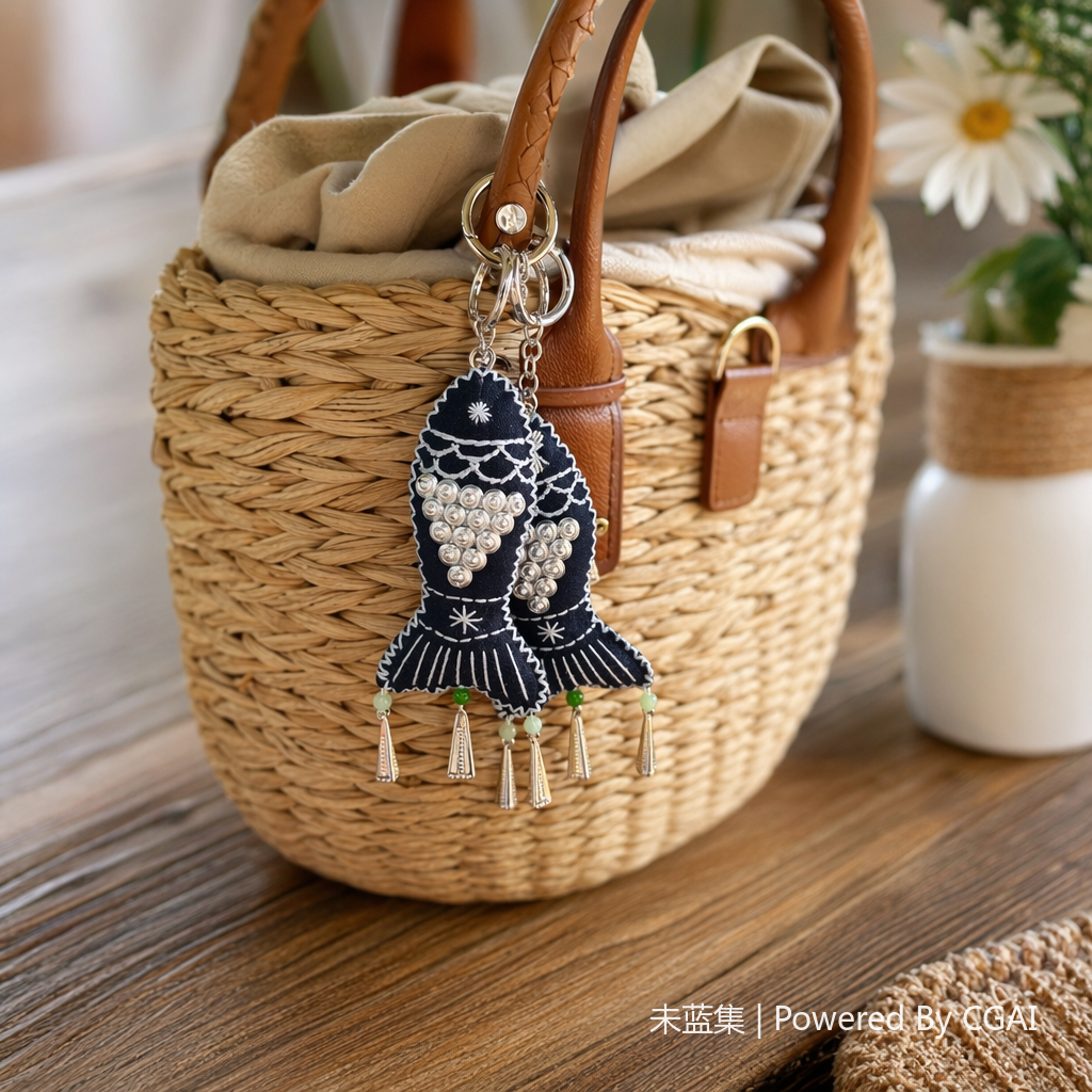 Deep blue fish-shaped embroidered pendant, double hanging palace bell pearl pendant, empty stand with mugwort inside details Picture