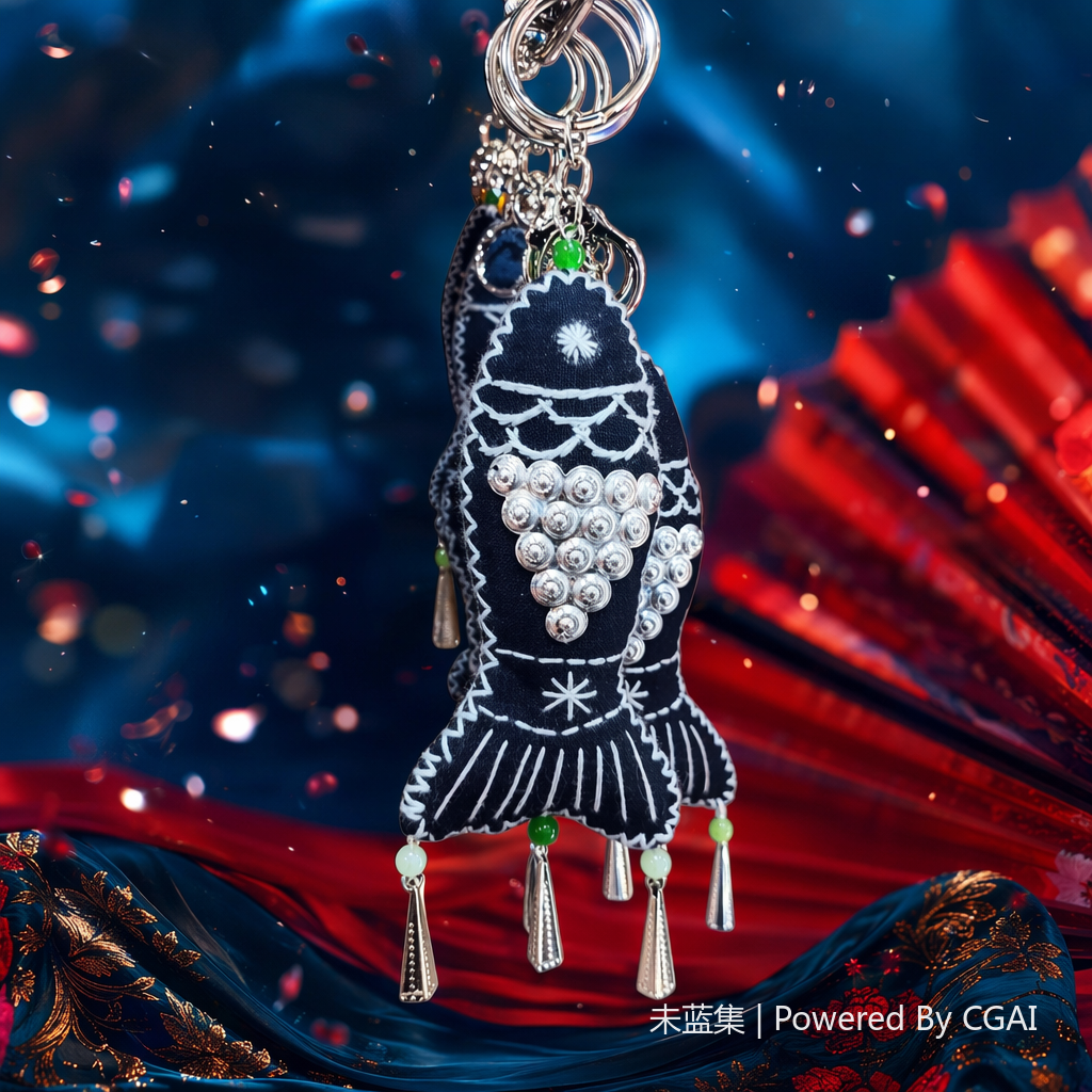 Deep blue fish-shaped embroidered pendant, double hanging palace bell pearl pendant, empty stand with mugwort inside Specification image