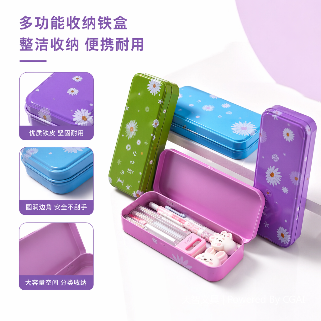 彩色花卉图案铁质透明笔袋学生卡通文具盒