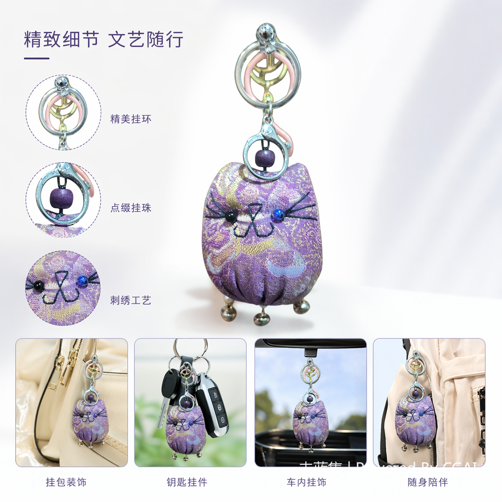 紫色宋锦猫咪毛绒皮革钥匙扣配饰 海洋风织锦钥匙扣图