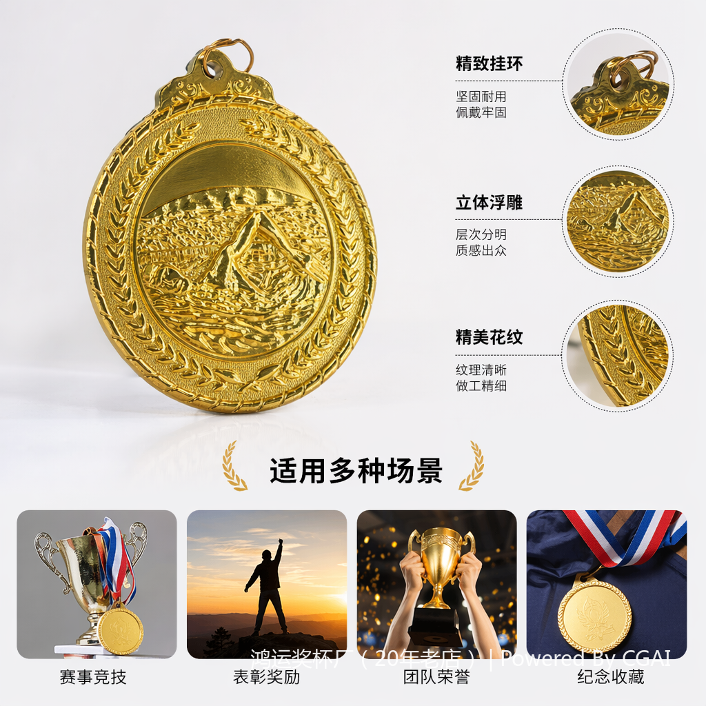 Golden embossed swimmer's medal, gold foil plastic trophy with a tabletop nameplate