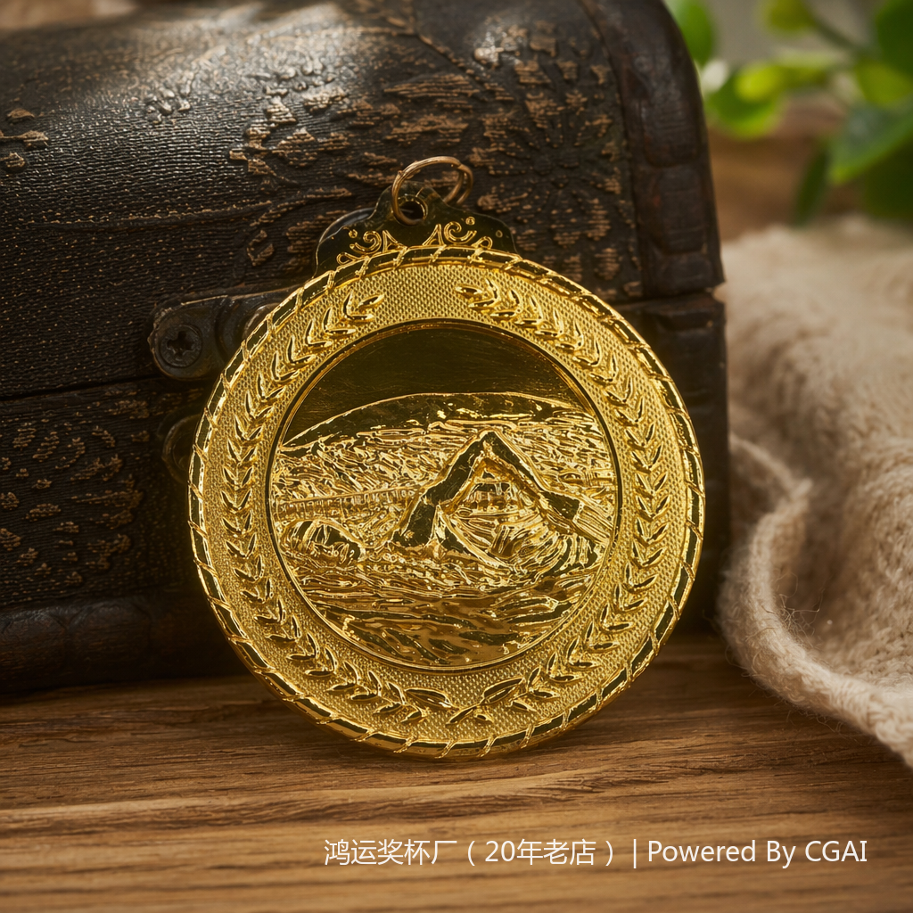 Golden embossed swimmer's medal, gold foil plastic trophy with a tabletop nameplate details Picture