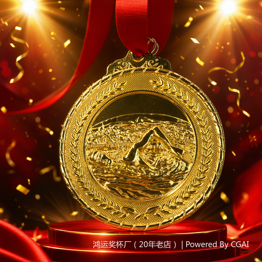 Golden embossed swimmer's medal, gold foil plastic trophy with a tabletop nameplate Specification image