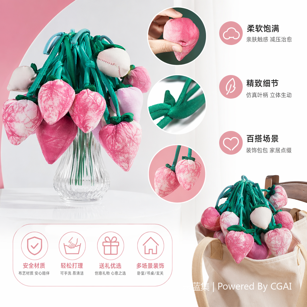 粉色布艺草莓海洋公仔钥匙扣 项链锁扣金属件植物染（火龙果）