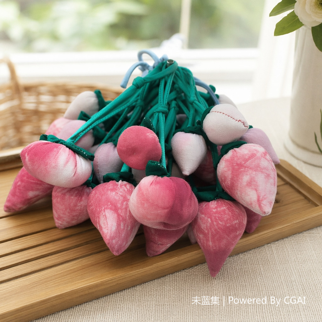 Pink fabric strawberry ocean figurine keychain necklace lock metal piece plant dye (pitaya) details Picture