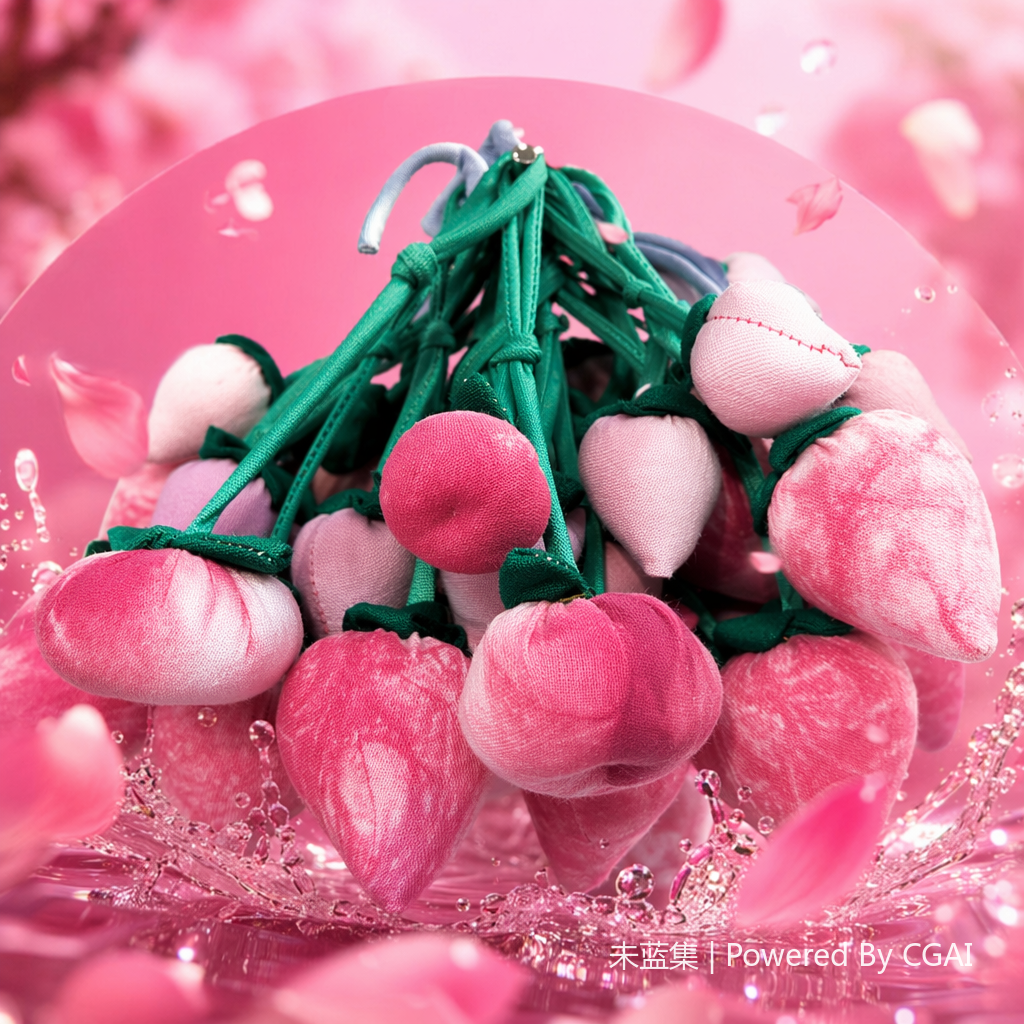 Pink fabric strawberry ocean figurine keychain necklace lock metal piece plant dye (pitaya) Specification image